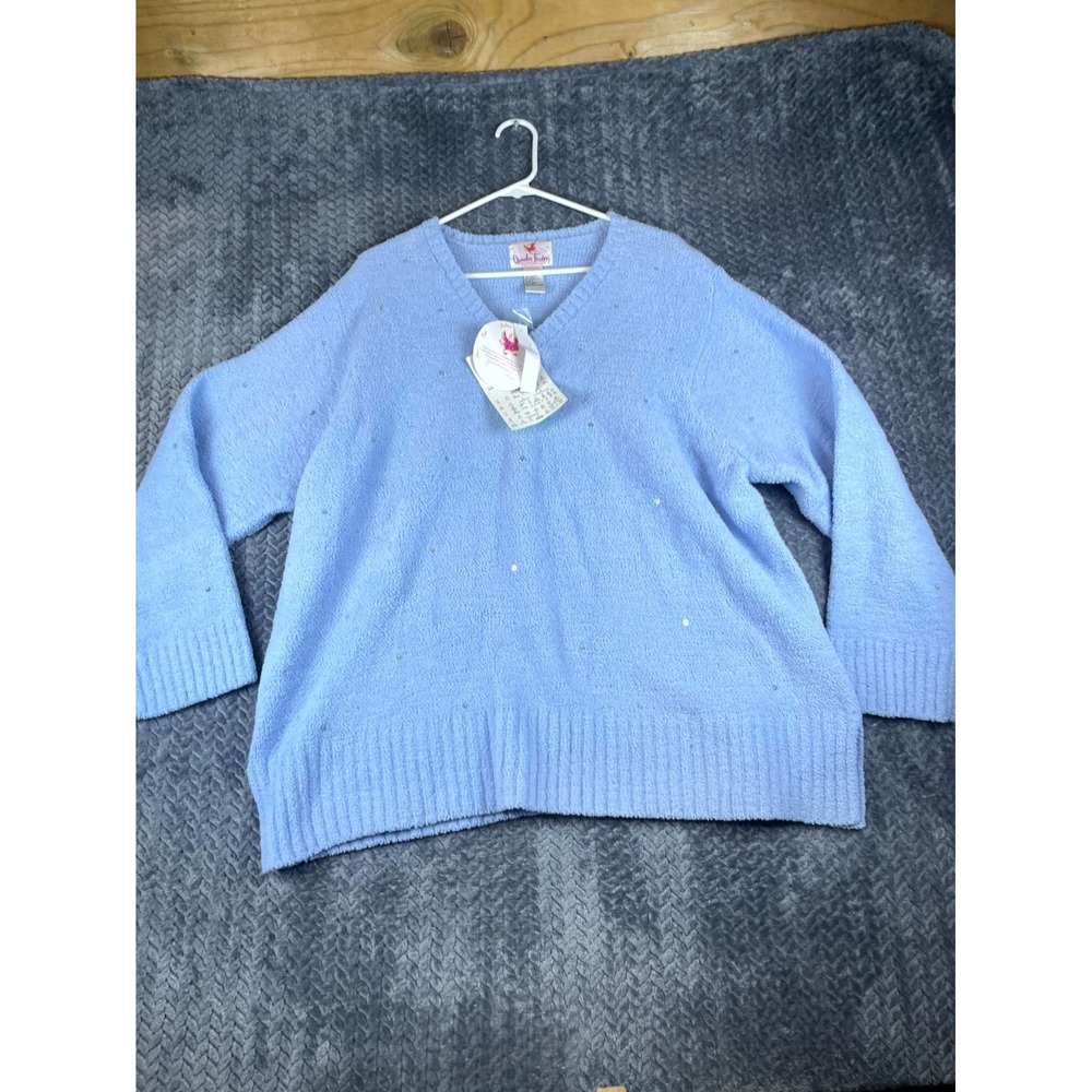 Quacker Factory Sweater Womens 2X Blue Sequin V Neck Ribbed Cozy Warm Winter